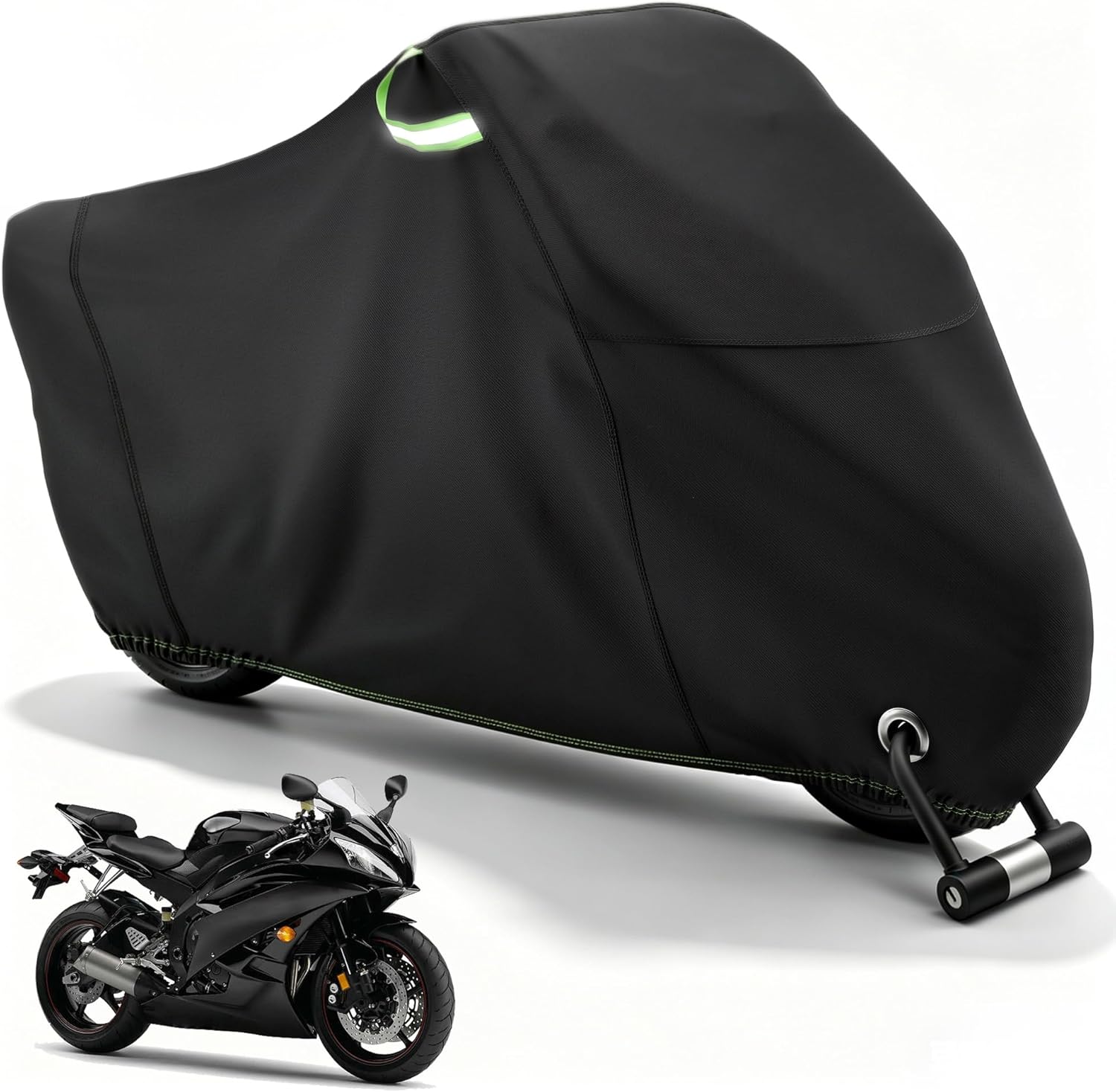 Waterproof motorcycle cover in blue color, full coverage design, elastic hem, suitable for various motorcycle sizes, outdoor protection